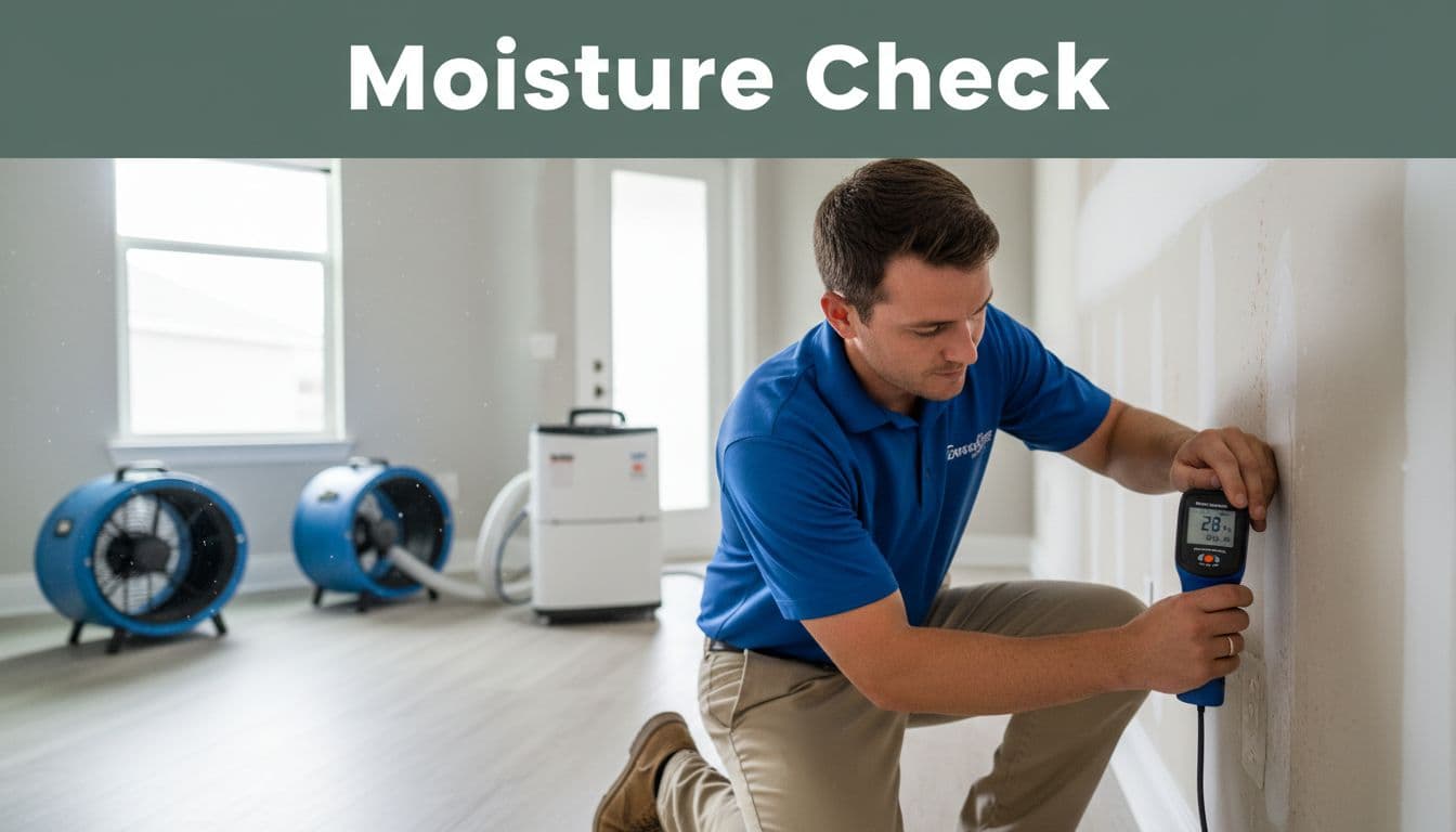 Professional technician kneeling to check moisture levels on water-damaged drywall in a modern Cape Coral home interior, with air movers and dehumidifier in the background. Close-up composition focuses on the meter against the wall in realistic photo style.