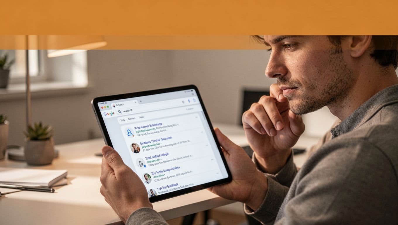 Hand holds tablet showing positive Google search results under orange 'Monitor Reputation' banner in cozy home office.