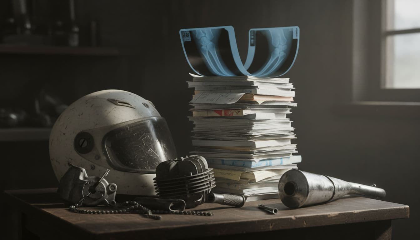 Close-up still life featuring stacked medical bills, X-rays of broken bones, a helmet, and damaged motorcycle parts on a table with realistic lighting and high detail.