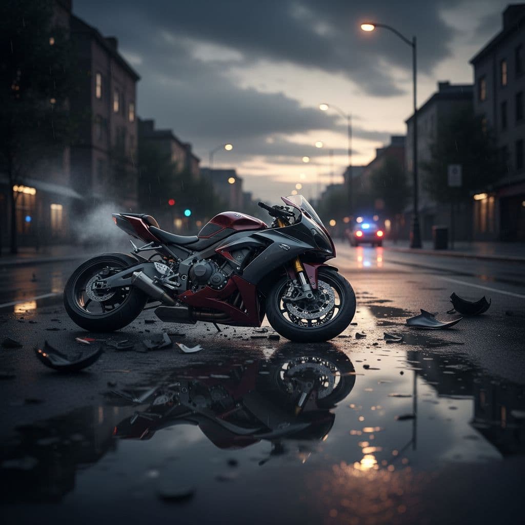 A single motorcycle lies toppled on its side on a deserted city asphalt street.