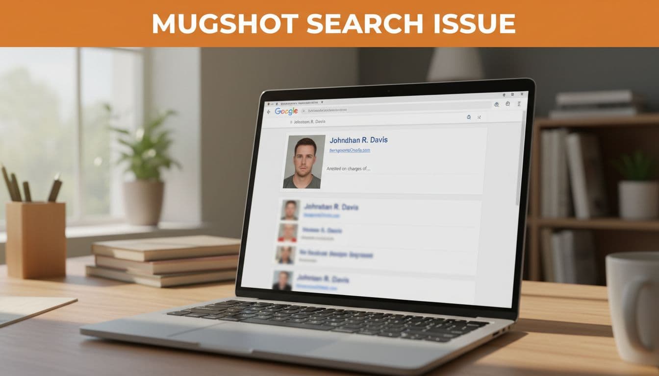 Laptop screen in a home office shows Google search results dominated by a prominent mugshot at the top, with a bold 'Mugshot Search Issue' headline band.