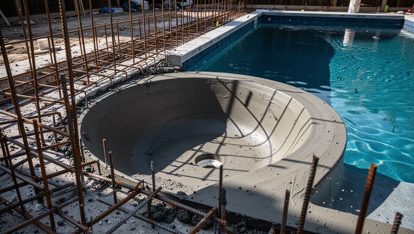 Steel rebar and plumbing line an unfinished pool shell with blue water reflections.