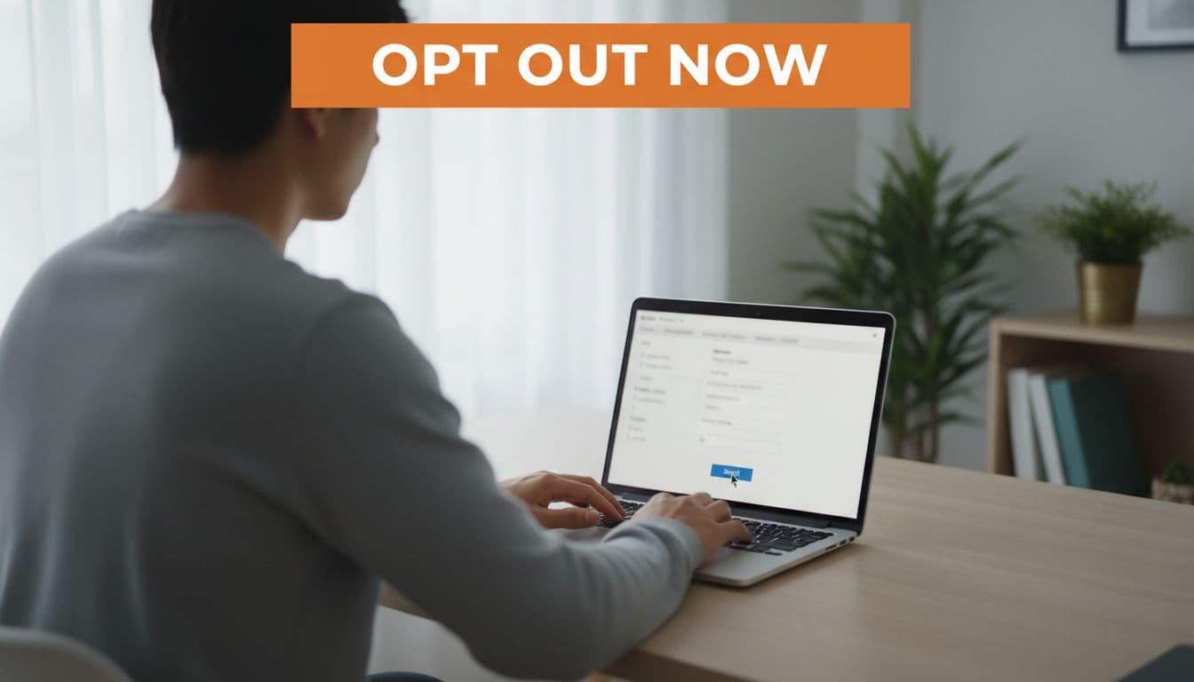 Person at desk types on laptop showing blurred data removal form with orange 'Opt Out Now' headline in sunlit home office.