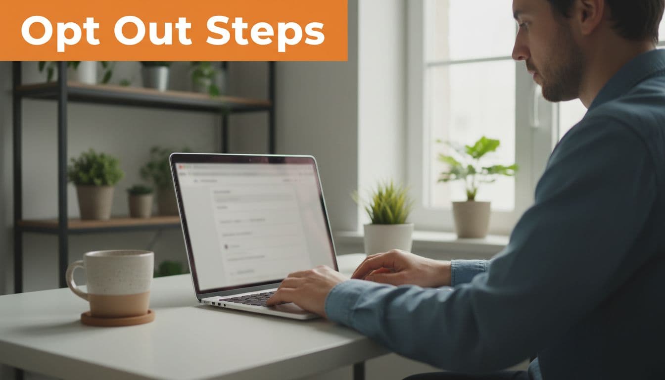 Person at desk with laptop showing blurred form, hands on keyboard, orange top banner with 'Opt Out Steps' headline, plants and coffee mug nearby.