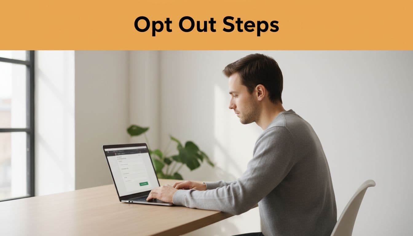 Person at desk with laptop open to web form in modern office, orange band at top with 'Opt Out Steps' headline.