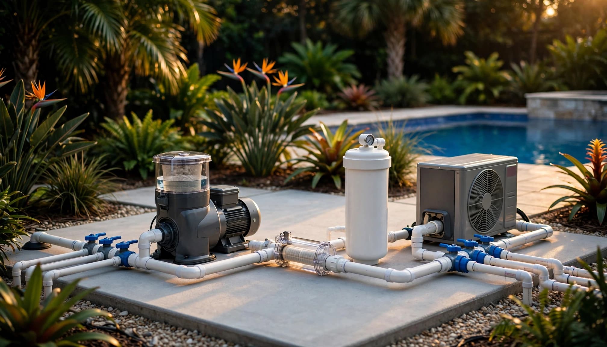 Pool equipment and organized PVC pipes beside a landscaped backyard pool.