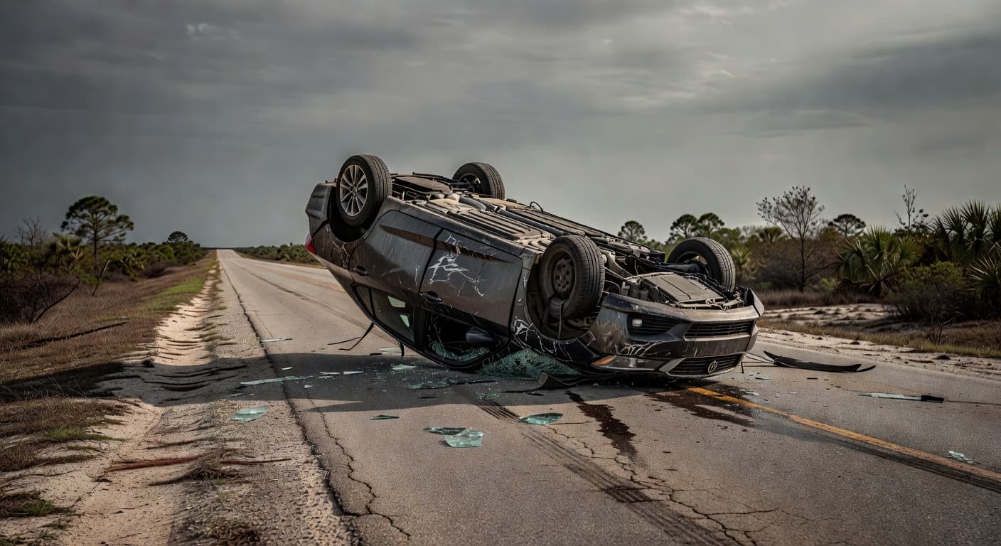 A dark sedan lies on its side in the center of an empty asphalt road. The vehicle shows heavy damage, resting under a moody overcast sky with dim lighting throughout.