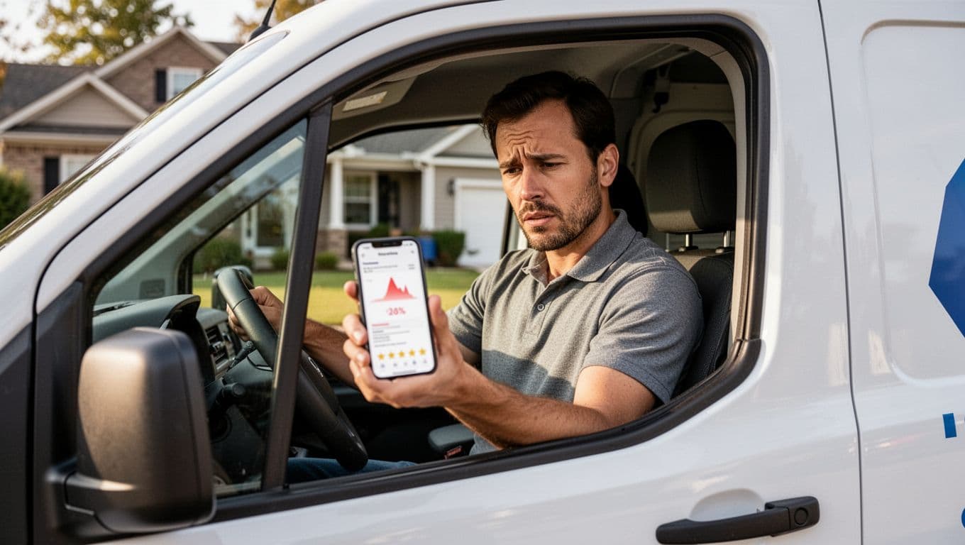Concerned business owner in service van checks phone notification showing reviews dropping from 50 to 30, with 'Review Purge' headline band at top.