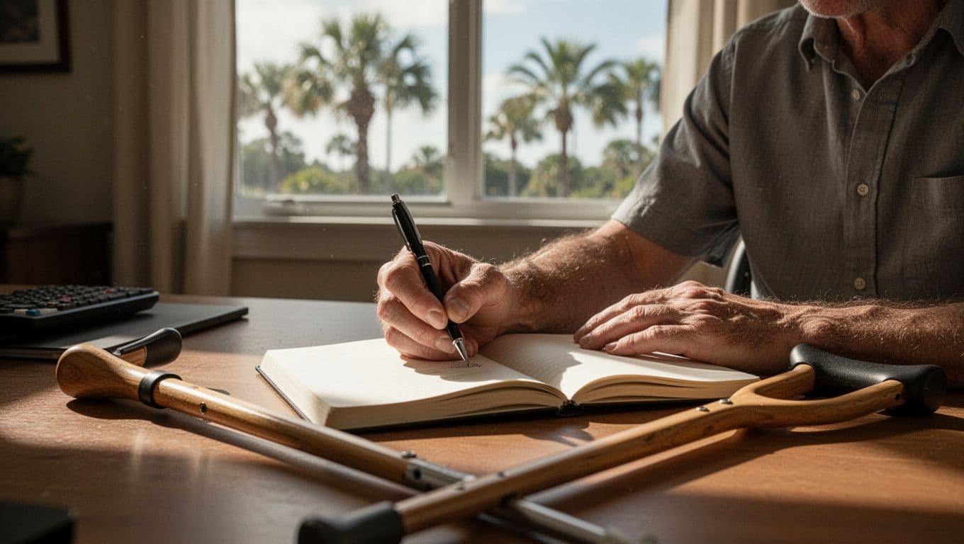 Person writing in personal journal at home desk after injury, crutch nearby, Florida palm trees through window; medium shot on hand and journal in soft afternoon light, photorealistic with dark-green top band headline 'Pain Journals'.