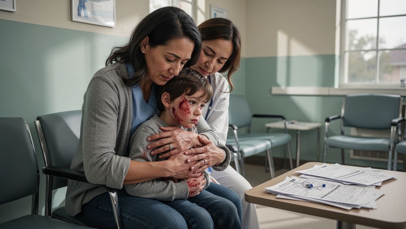 Parent comforting injured child in doctor's office waiting room amid medical forms, soft lighting, close-up on emotional support. Bold editorial style with 'Take Action' headline in dark-green band.