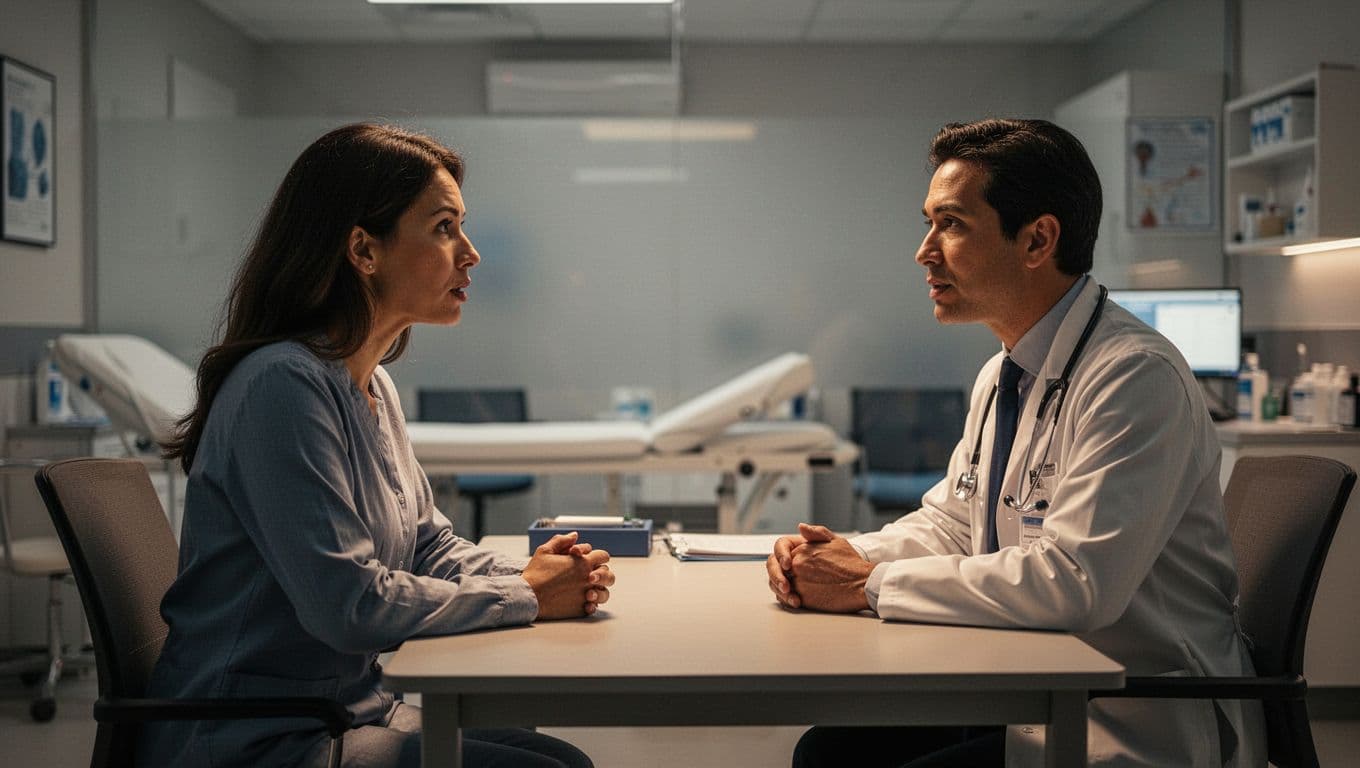 A patient sits in profile speaking with a doctor in a warm-lit clinical consultation room.