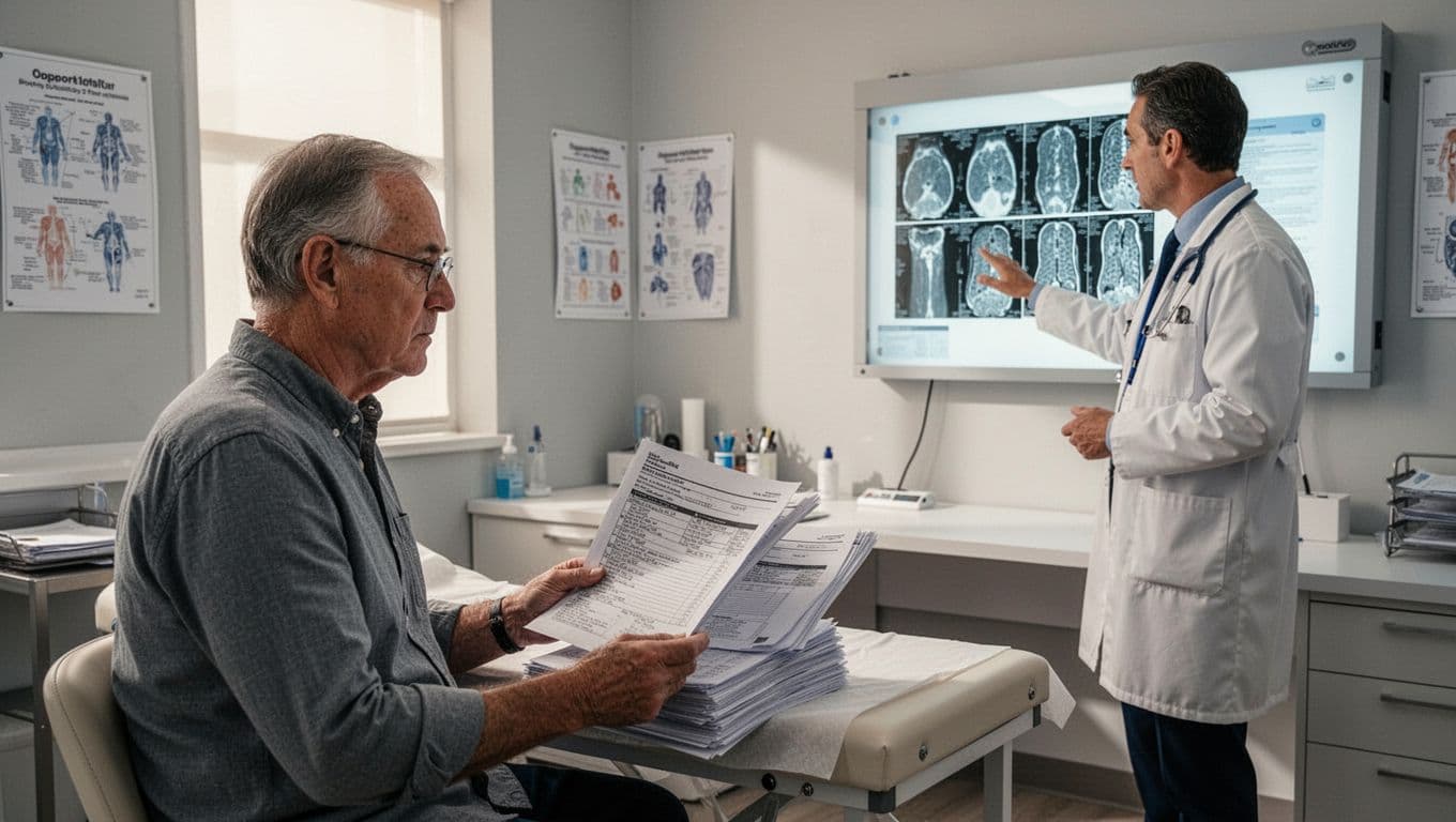 A middle-aged Florida accident victim sits in a modern doctor's office reviewing thick medical records with a doctor pointing to x-rays on a lightbox; close-up on faces and documents with natural daylight.
