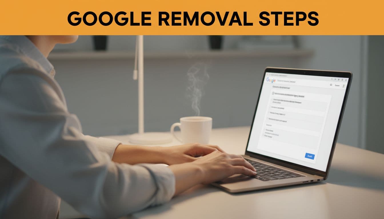 Side view of a single person in a modern workspace with coffee mug, relaxed pose typing on keyboard to fill Google's content removal request form, soft office lighting, photorealistic with blurred form interface and bold 'Google Removal Steps' headline band at top.
