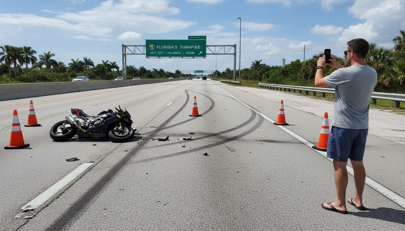 A person uses a phone to take photos of a damaged motorcycle at a crash scene on a Florida road, featuring skid marks, traffic cones, and road signs during daytime. No injuries, text, or logos are visible, with realistic photo style extending fully to image edges.