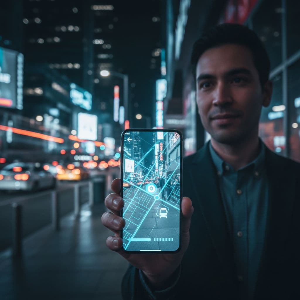 A person holds a glowing smartphone screen displaying a ride-booking interface on a bustling city street at night.