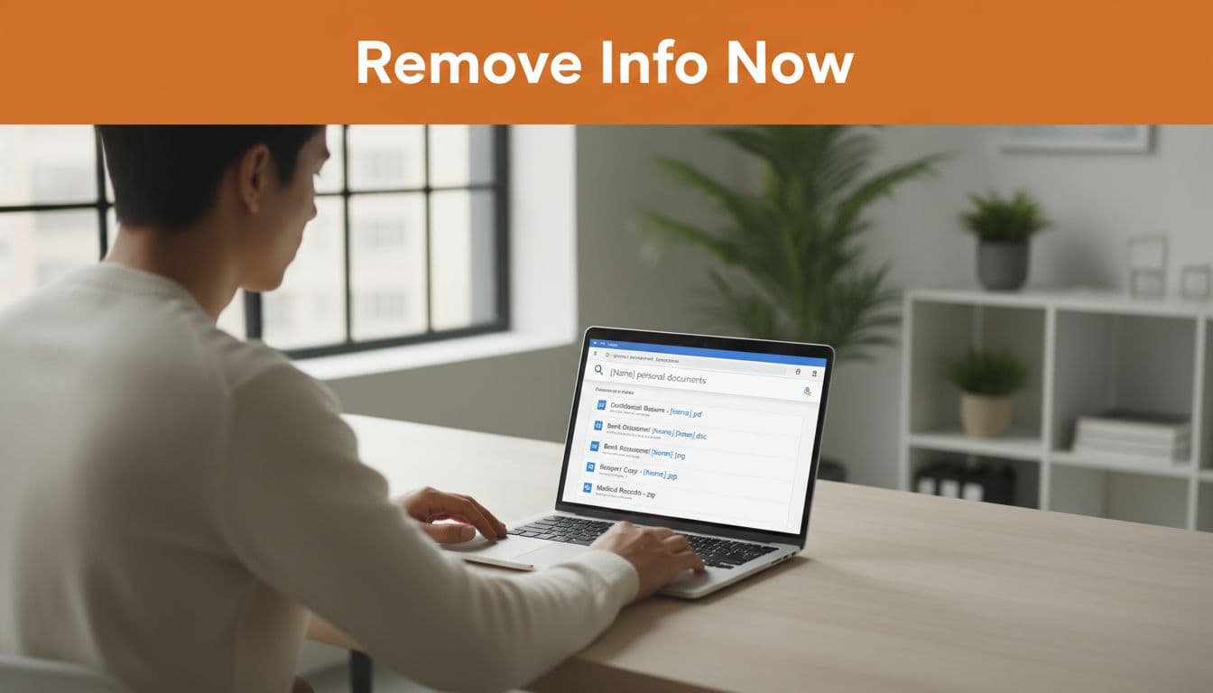 Person at modern office desk focuses on laptop screen showing personal documents in Google search results, orange 'Remove Info Now' banner at top.