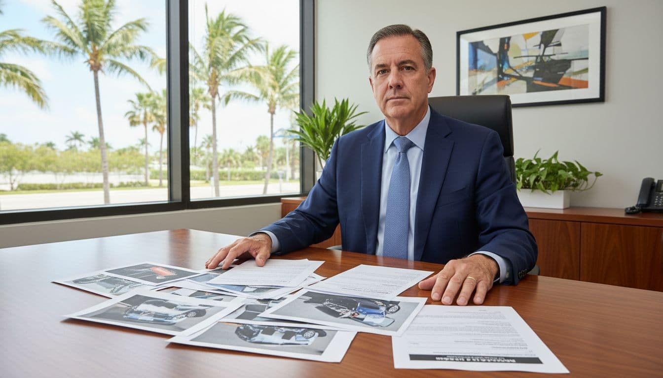 A middle-aged professional personal injury lawyer in a suit sits at a wooden desk in a modern South Florida law office, intently reviewing printed car accident photos, medical records, and police reports under natural daylight with palm trees visible outside.