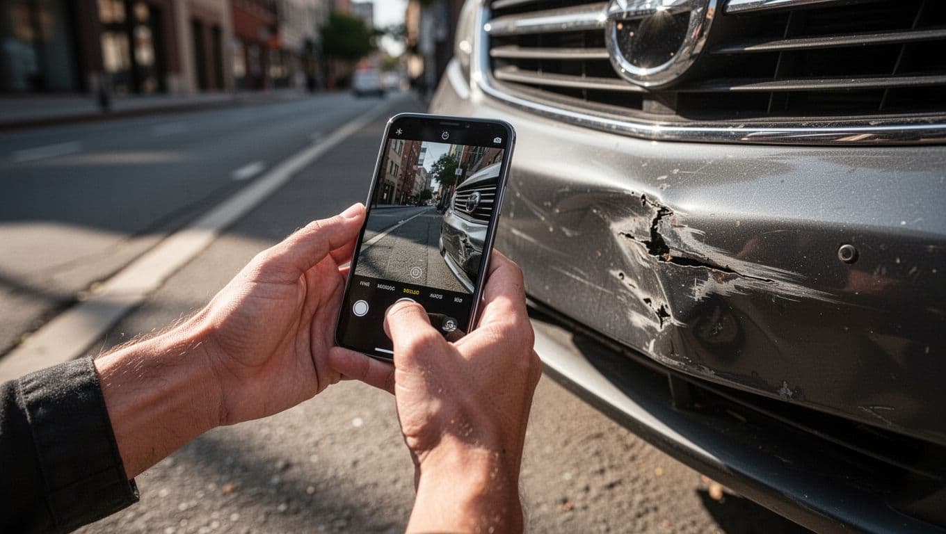 A close-up view shows a person using a smartphone to capture evidence of damage on a car bumper.