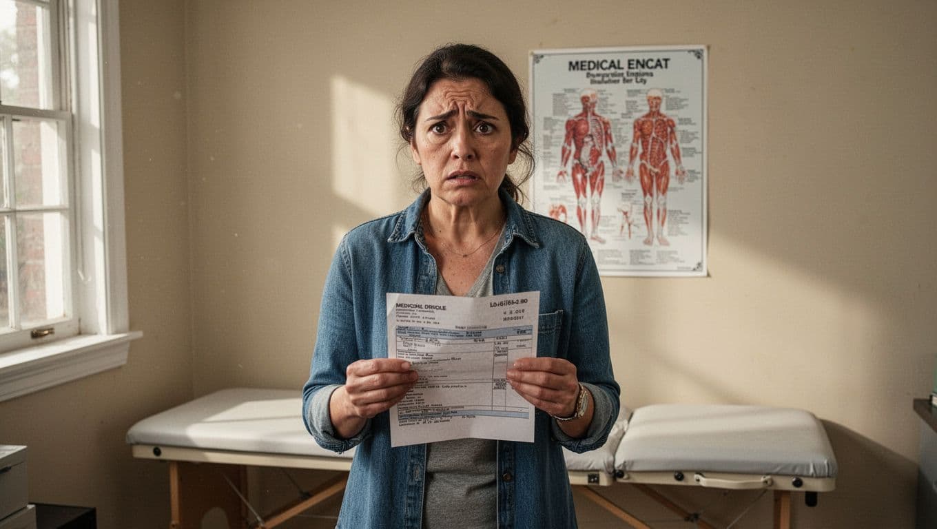 A single worried patient in a simple doctor's office holds a medical bill after a car accident, under natural daylight with an exam table and chart in the background, topped with a bold 'PIP Pays First' headline on a dark-green band.