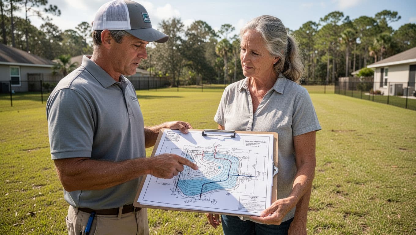 Pool contractor and homeowner discuss clipboard site plan with water table contours and drainage lines in Tampa backyard under green 'Site Evaluation' header.
