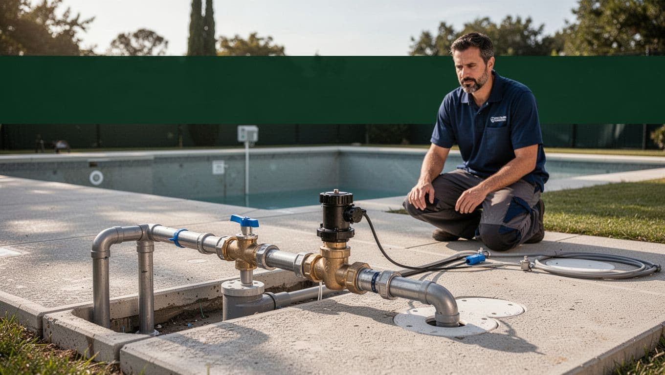 A technician supervises pool plumbing and an automatic fill valve.