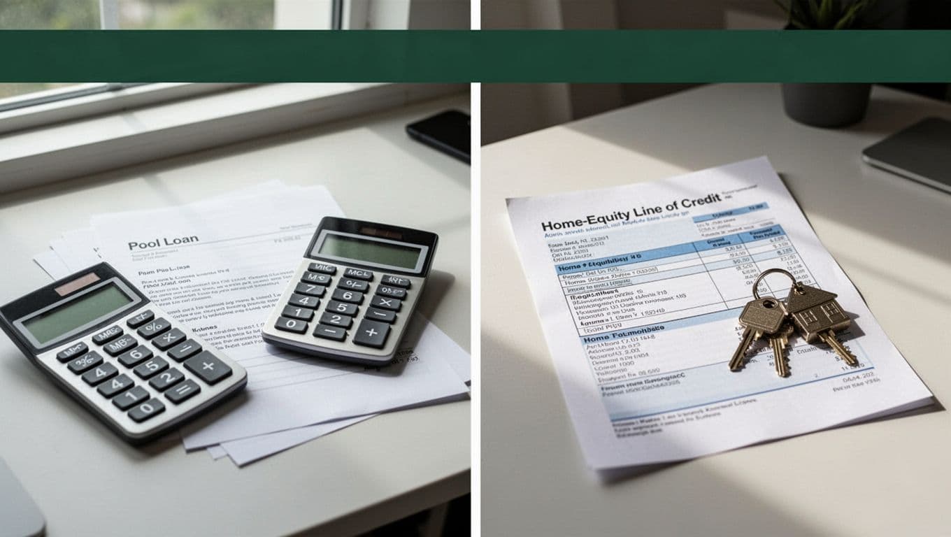 Side-by-side desks show pool loan documents with calculator left and HELOC statement with house keys right, dark-green top banner 'Loan Vs HELOC'.