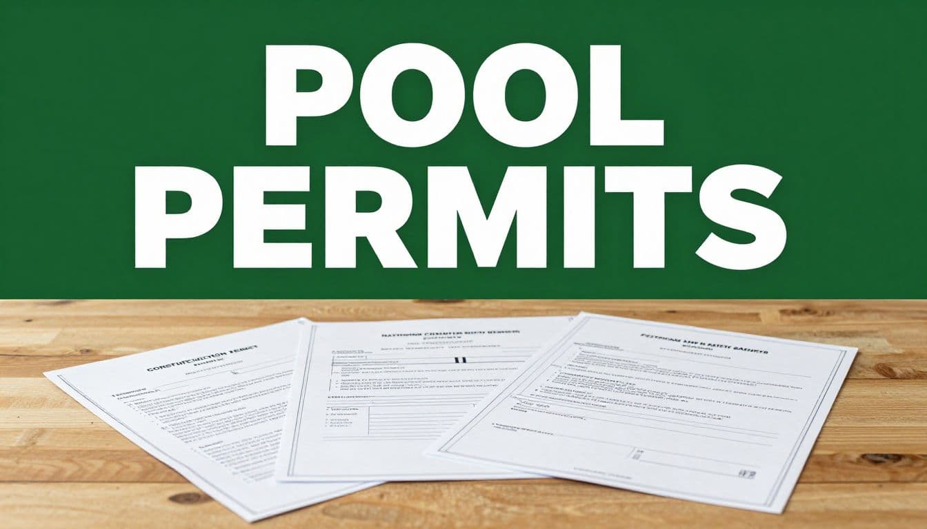 Pool permit papers, blueprints, and safety guidelines on a wooden desk beneath a green headline banner.