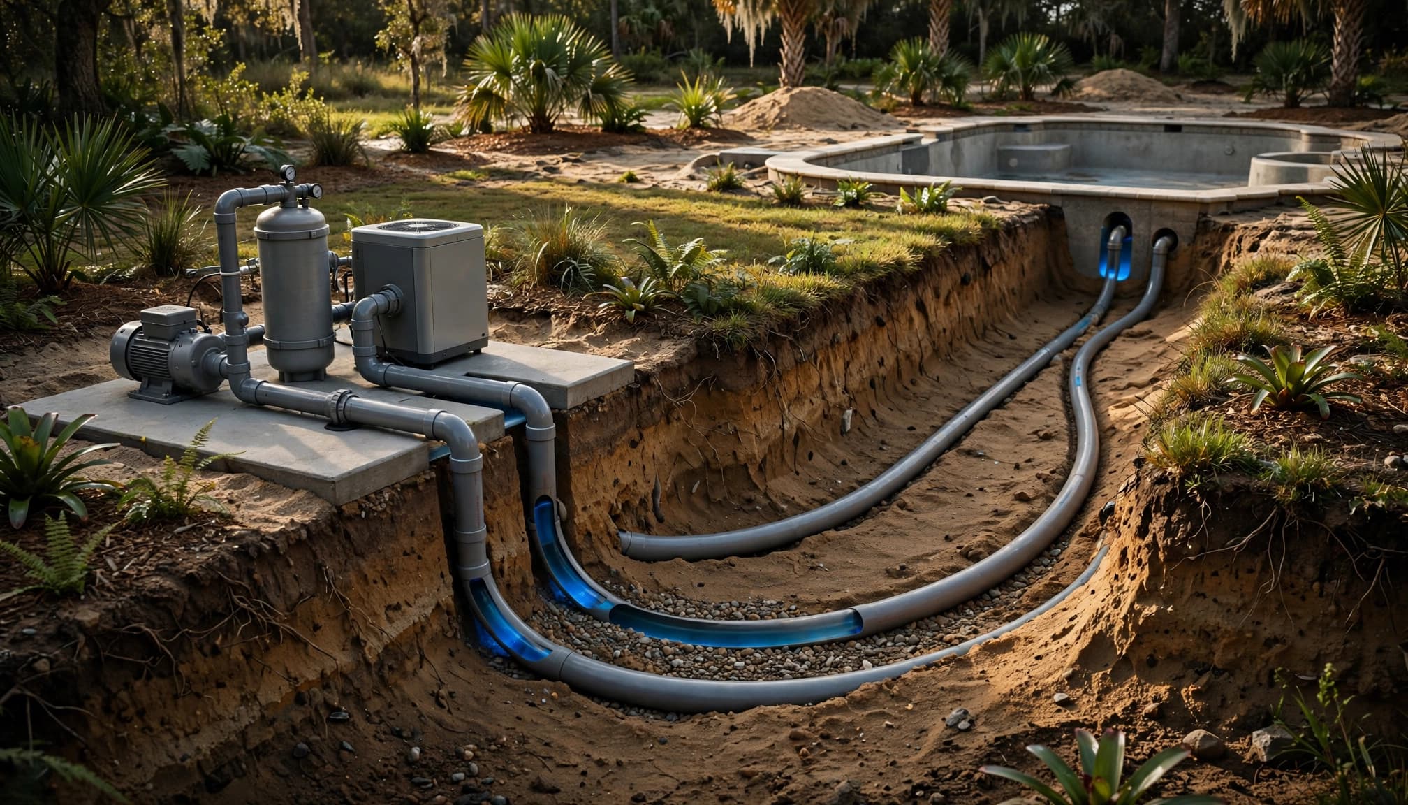 Pool pipes curve through buried trenches between a swimming pool and equipment pad.