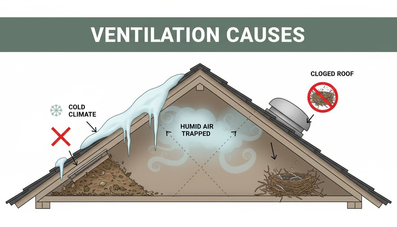 Schematic cross-section diagram illustrating poor attic ventilation causes, including blocked soffit vents with debris, ice dams on roofs in cold climates, and trapped humid air with airflow blockages. Bold 'Ventilation Causes' headline in Inter Black font on a muted dark-green band at the top, realistic schematic style with neutral tones and high clarity.