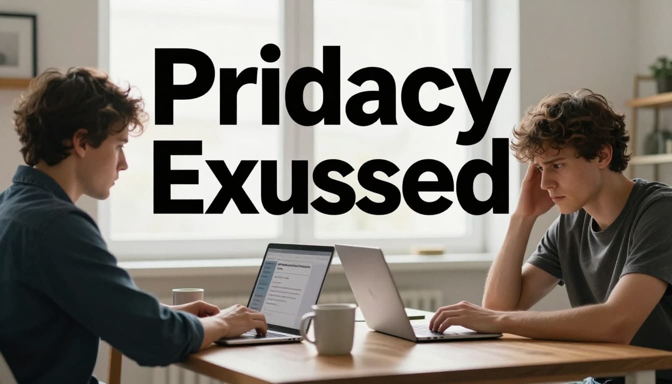 A worried person sits at a modern home office desk, viewing exposed personal information like address and phone on a laptop screen angled towards them, with a coffee mug nearby and soft natural light from a window. Bold 'Privacy Exposed' headline in orange band at the top.