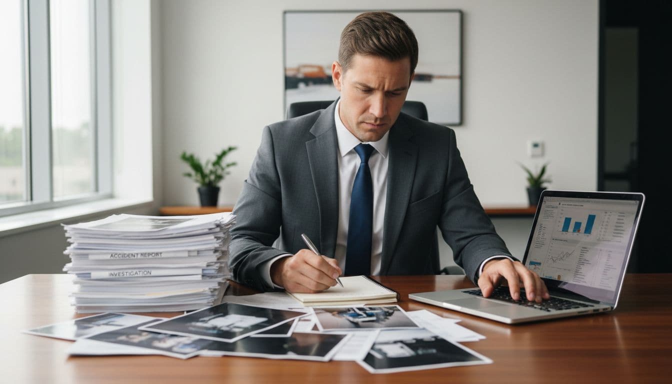 A professional male attorney in a business suit sits at a wooden desk in a modern law office, focused on reviewing a stack of truck accident investigation documents with photos and logs visible on his angled laptop screen. Natural daylight from the window illuminates the clean, realistic scene with one person only.
