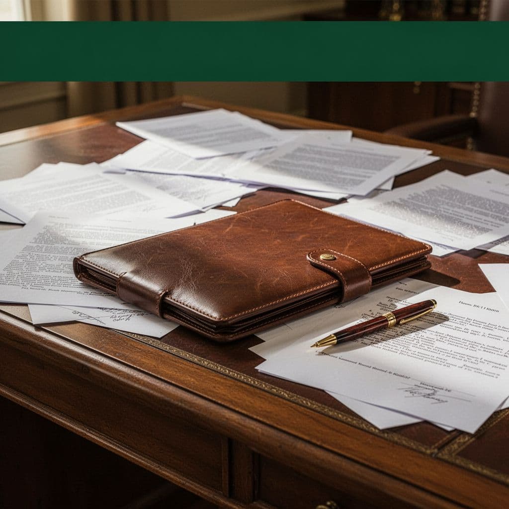 A wooden desk features a leather folder, documents, and a pen under soft, warm lighting.