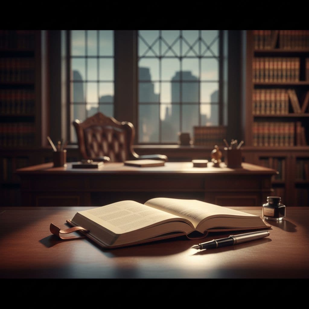A leather-bound notebook and a premium fountain pen sit neatly on a polished wooden desk. The background displays a soft-focus law office, creating a sense of trust and professional support.