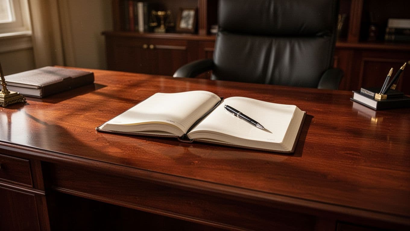 A wooden office desk features a notebook and pen illuminated by soft, warm lighting.