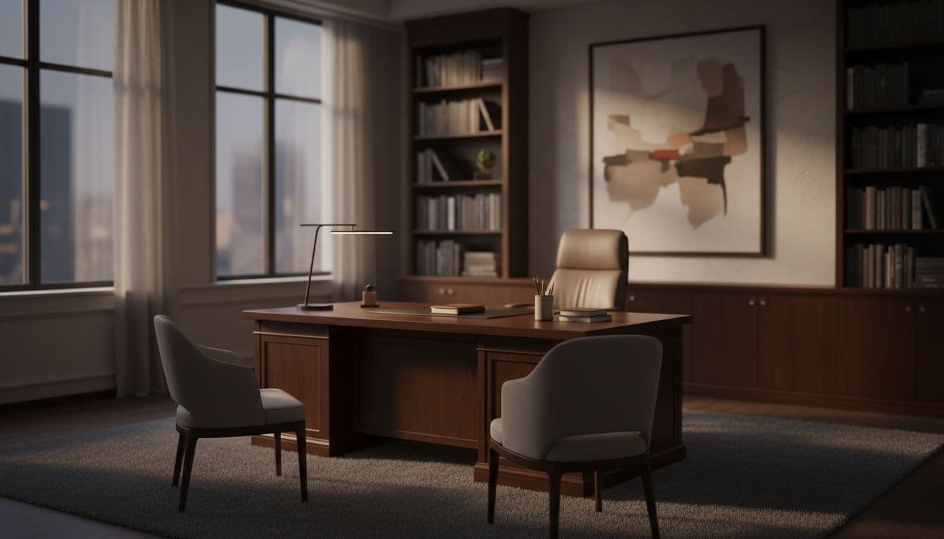 A quiet office setup featuring a desk and two chairs illuminated by warm ambient lighting.