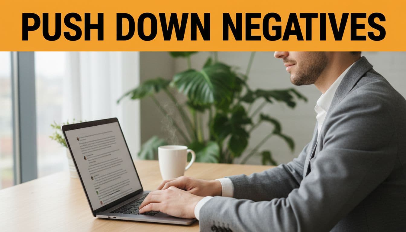 Professional at modern desk types on laptop amid plants and coffee mug with bold 'Push Down Negatives' headline band.
