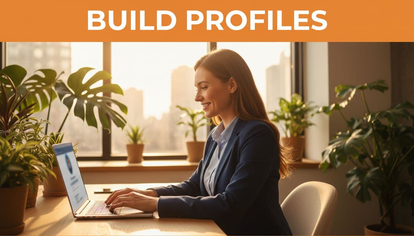 Professional in office attire smiles confidently typing on laptop with blurred LinkedIn screen, orange 'Build Profiles' band at top, plants and window nearby.