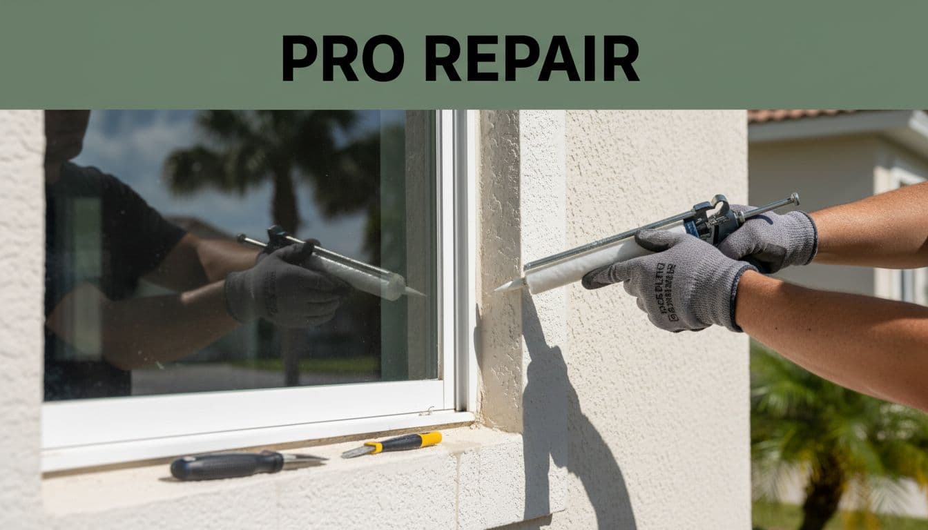 Professional technician sealing window frame with caulk tool during exterior leak repair on Fort Myers home, sunny post-rain weather, realistic photo with 'Pro Repair' headline on dark-green band.