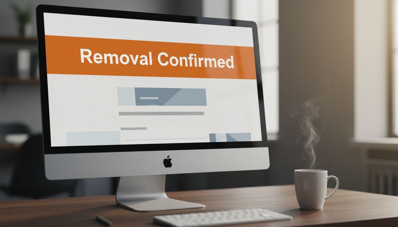 Close-up computer screen shows 'Removal Confirmed' headline with orange band, coffee mug on desk nearby.