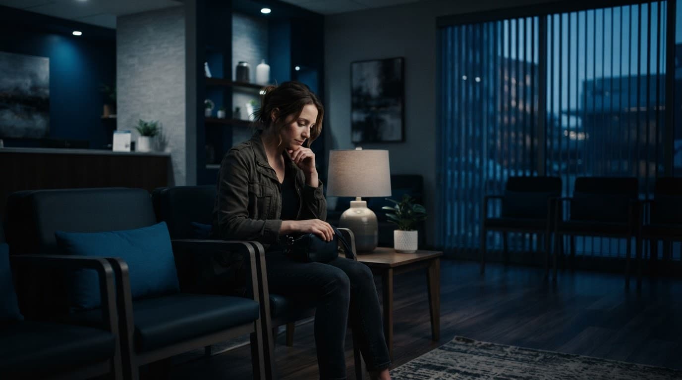 A person sits alone in a modern waiting room with blue accent lighting.