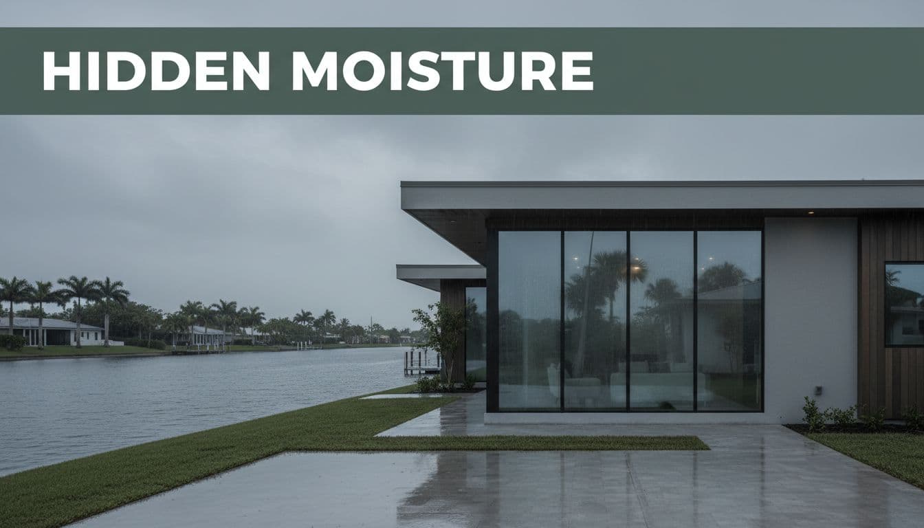 Realistic photo of a modern Cape Coral, Florida home exterior during rain, featuring a canal view, water pooling near the foundation, and condensation on interior windows under dim overcast lighting. Bold editorial style with 'Hidden Moisture' headline in a muted dark-green band at the top, illustrating rain-induced home moisture issues linked to musty odors.