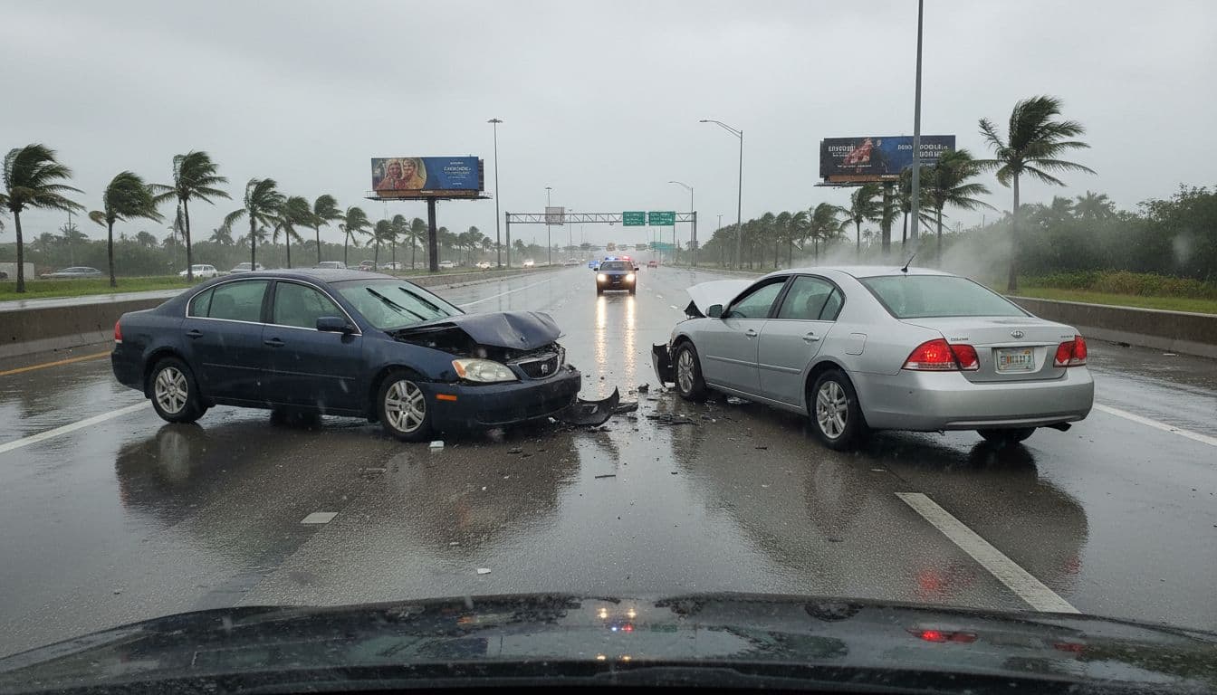 Dramatic rear-end car collision on a busy South Florida highway during a rainy day, with two damaged mid-size sedans, palm trees, billboards, and flashing police lights on a wet road, realistic photo from dynamic side angle.