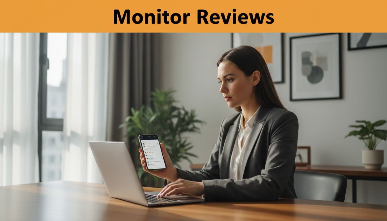 Real estate agent at modern desk in home office checks reviews on laptop and phone, orange 'Monitor Reviews' band at top.