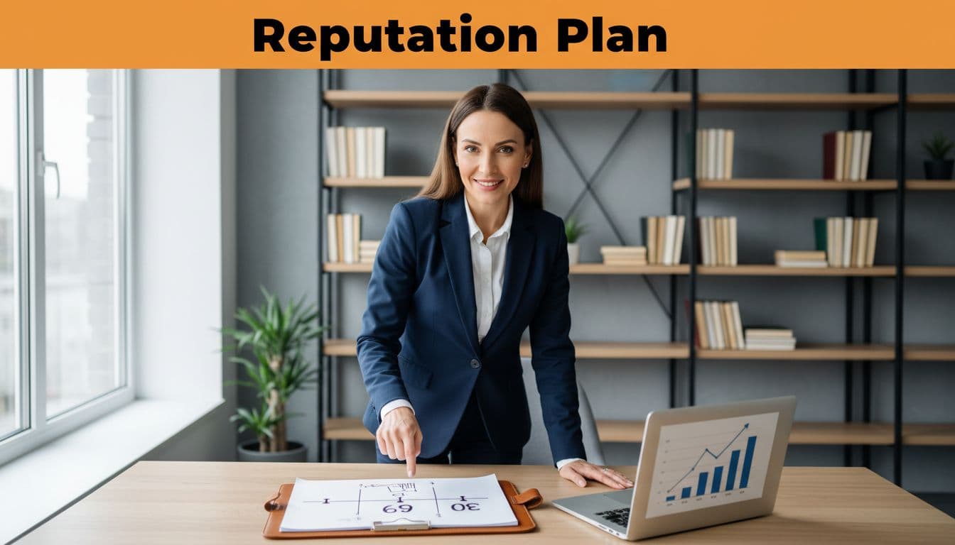Real estate agent stands at desk pointing to 30-60-90 timeline on open planner beside laptop charts. Orange Reputation Plan banner at top.