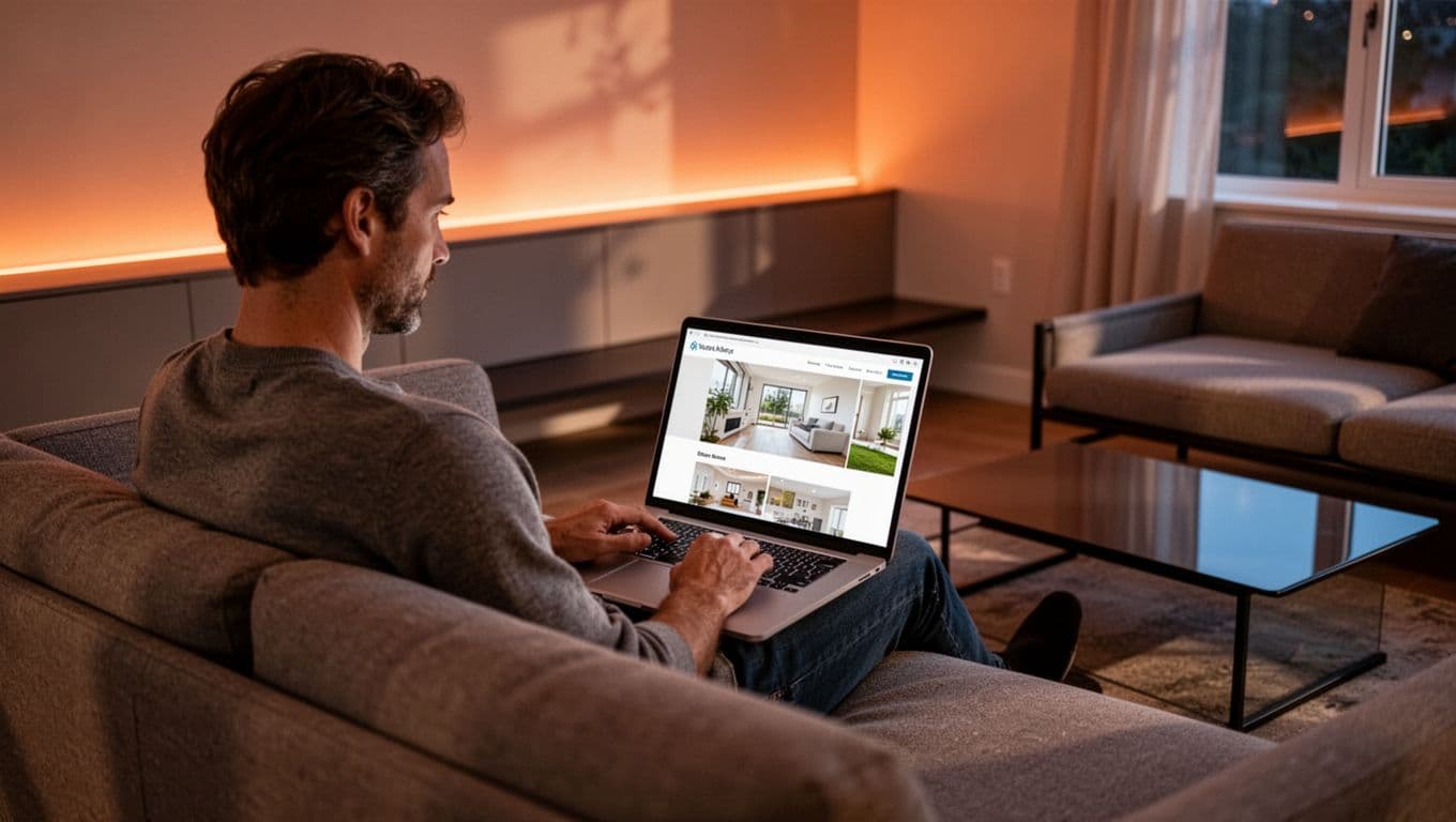 Person seated in living room views angled laptop screen showing 'Edit Redfin Listing' headline with orange top band.