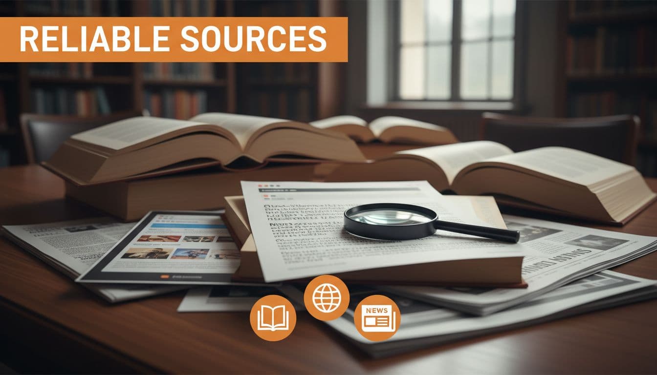 Books, newspapers, and documents with icons on a table beneath 'Reliable Sources' orange headline banner.