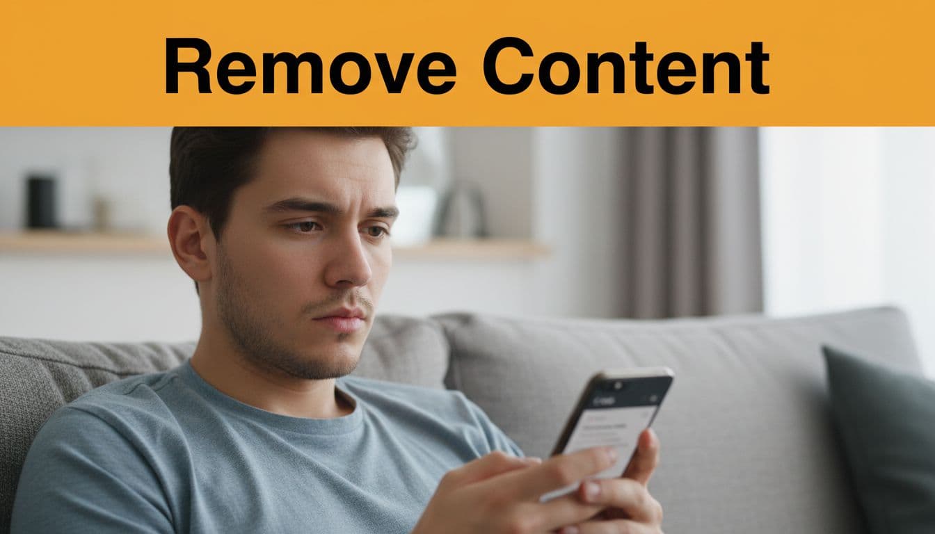 Young professional on couch holds smartphone showing blurred Google removal screen, thoughtful expression.