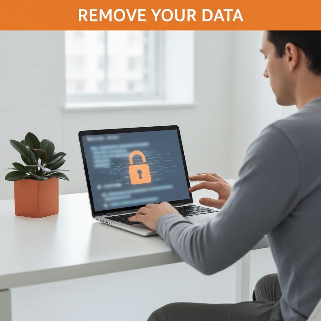 Person at desk focuses on laptop under bold orange 'Remove Your Data' headline.