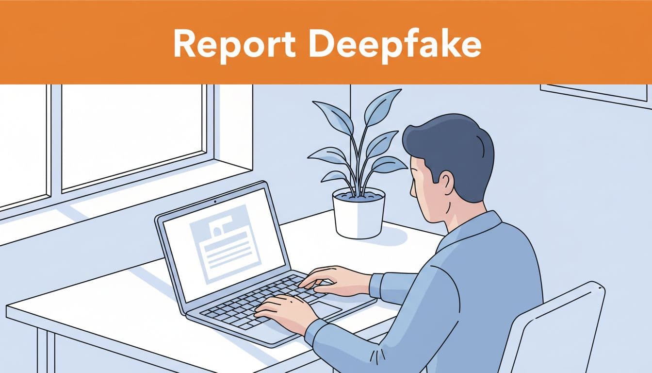 Person seated at modern desk uses laptop in clean office with natural light, orange top banner reads 'Report Deepfake'.