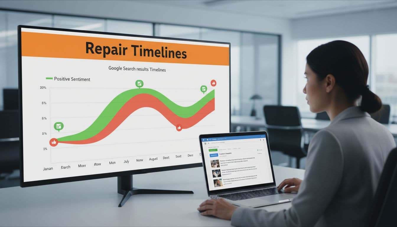 Laptop in modern office displays timeline chart of Google search results shifting positive and negative over months under orange Repair Timelines band.